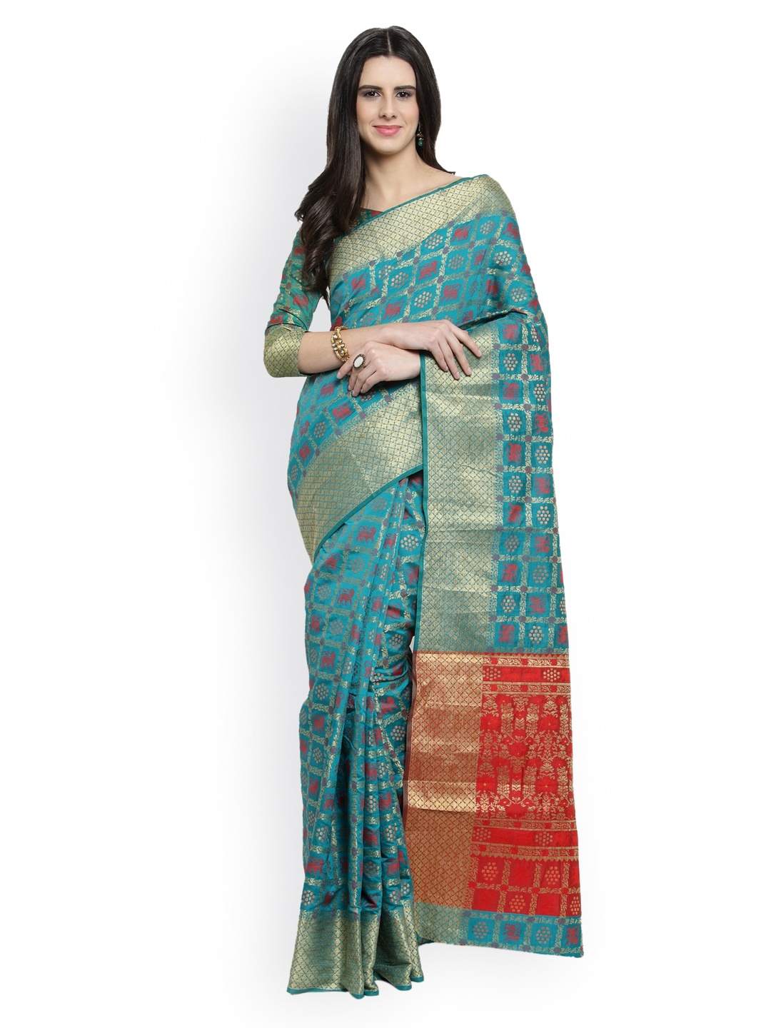 

Shaily Turquoise Blue & Red Pure Silk Woven Design Patola Saree