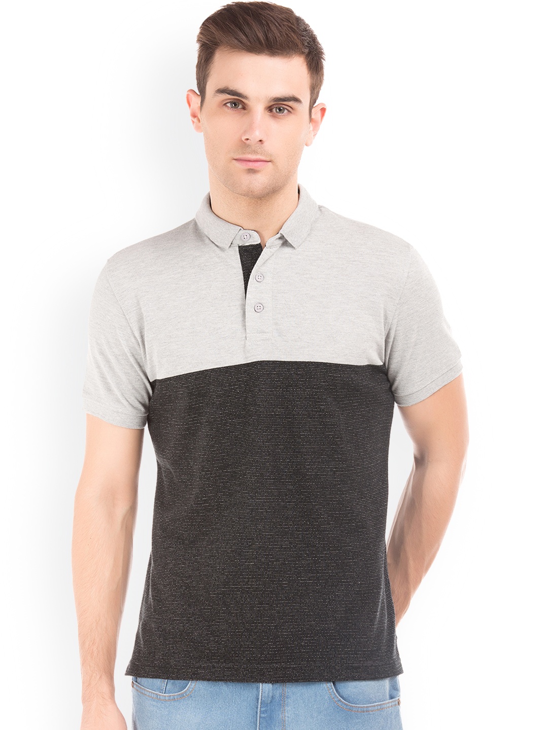Ruggers Men Grey Colourblocked Polo Collar T-shirt