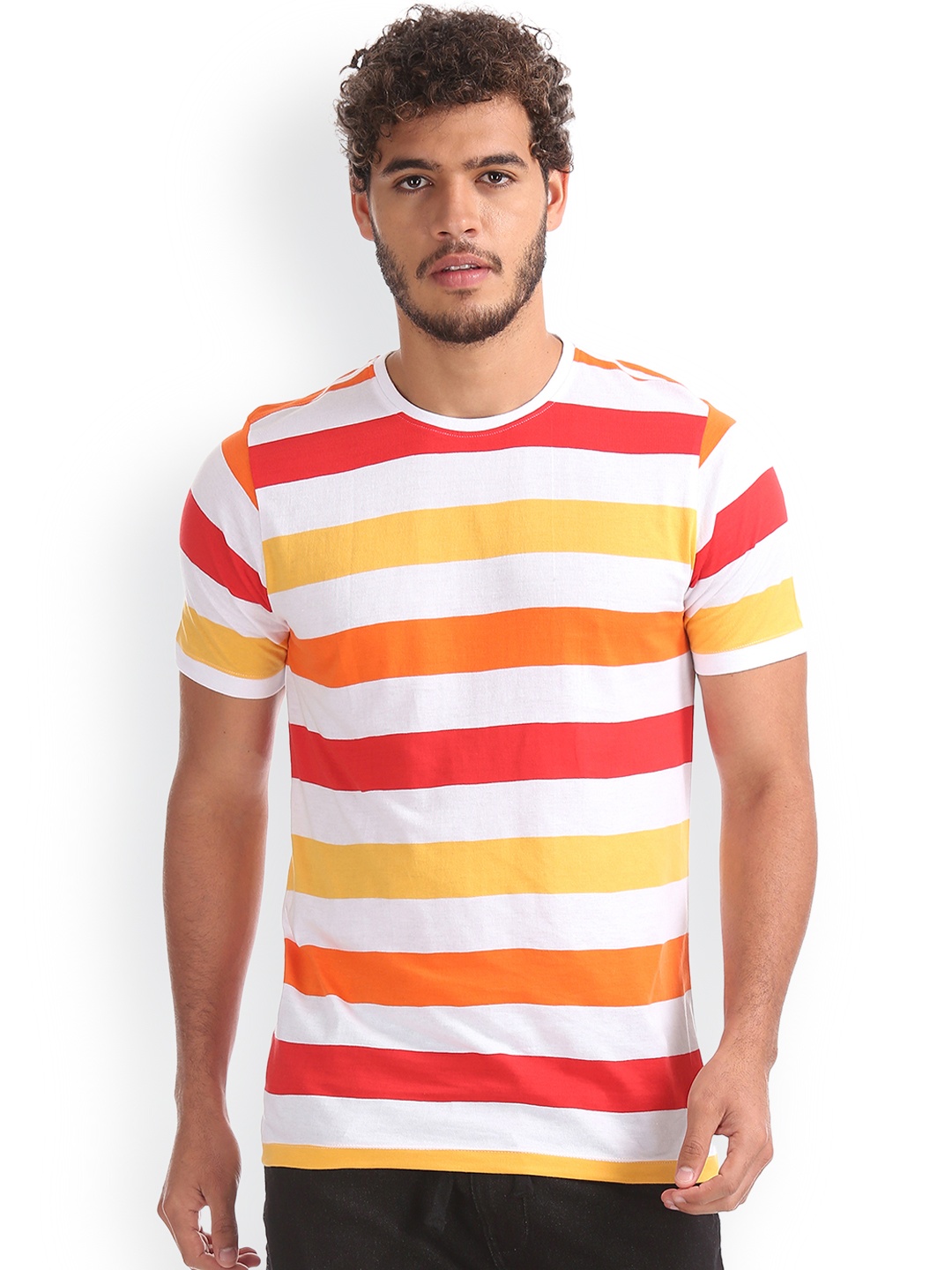 

Colt Men Orange Striped Round Neck Pure Cotton T-shirt