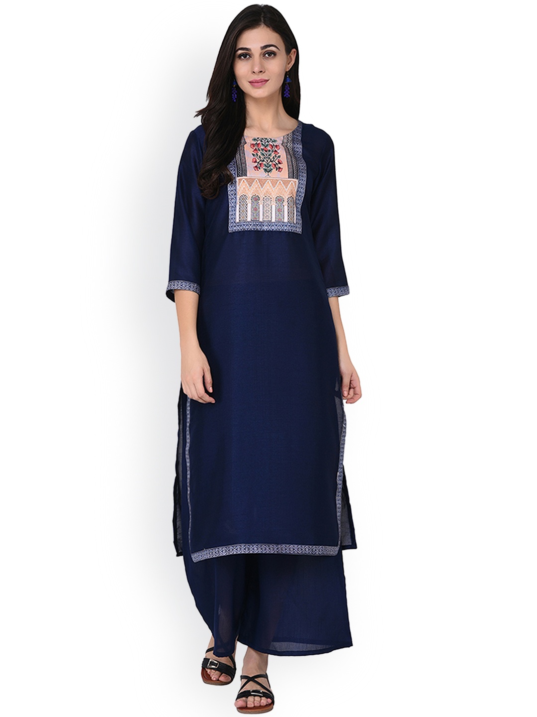 

Sangria Women Navy Blue Yoke Design Kurti with Palazzos