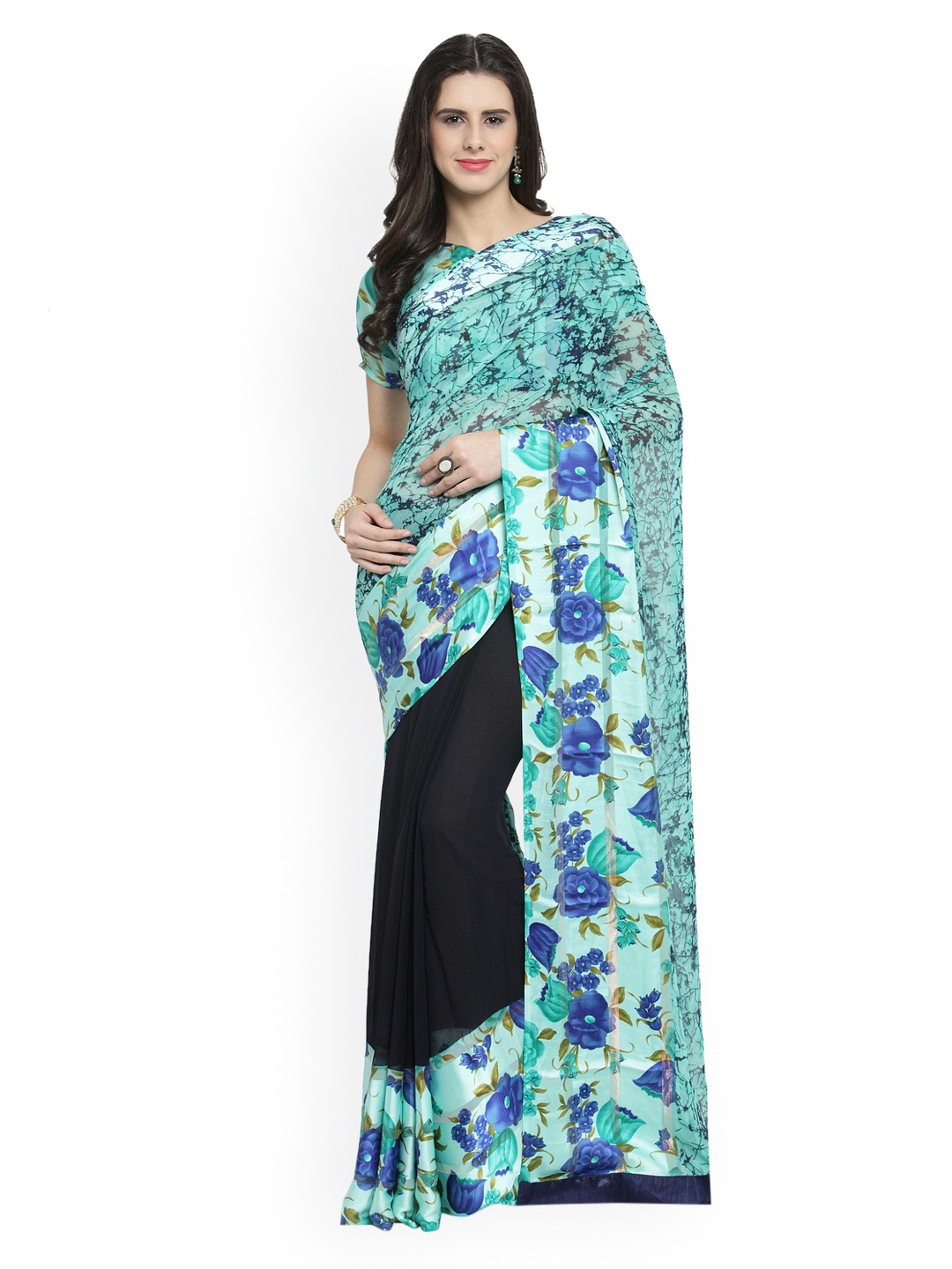 

Shaily Turquoise Blue & Black Satin Printed Saree