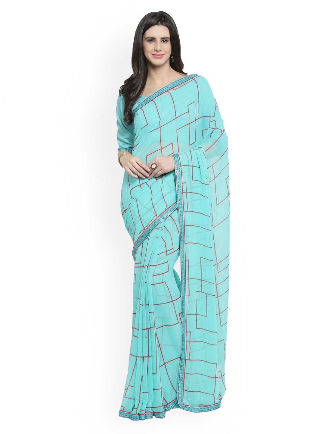 

Shaily Turquoise Blue Printed Pure Georgette Saree