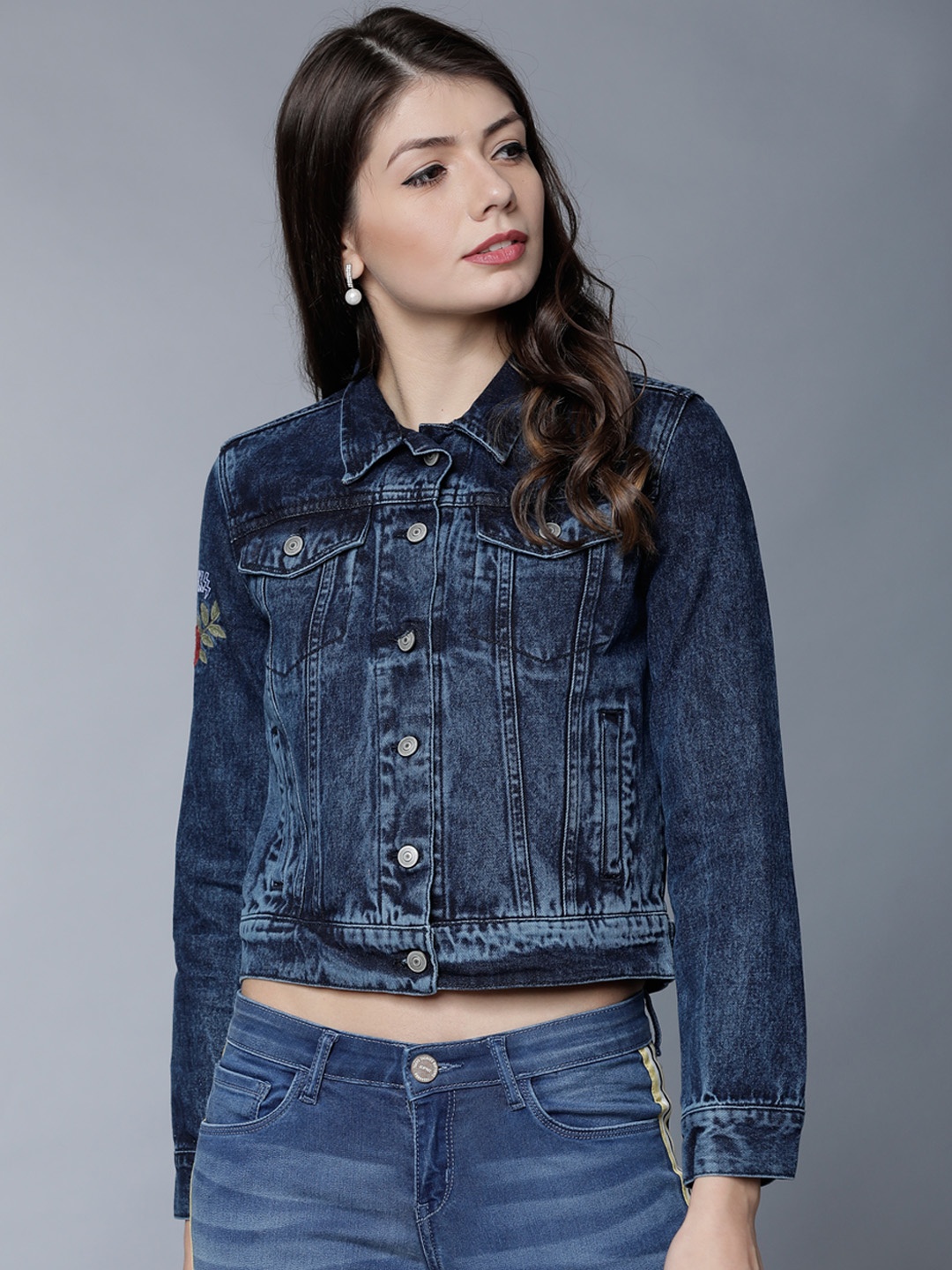 

Tokyo Talkies Women Blue Solid Denim Jacket