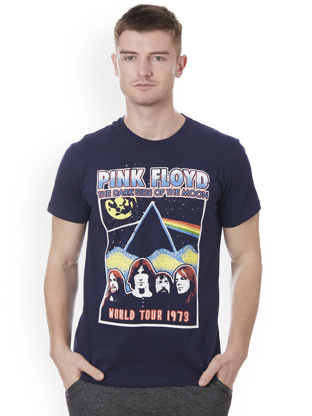 Free Authority Men Blue Pink Floyd Printed Round Neck Pure Cotton T-shirt