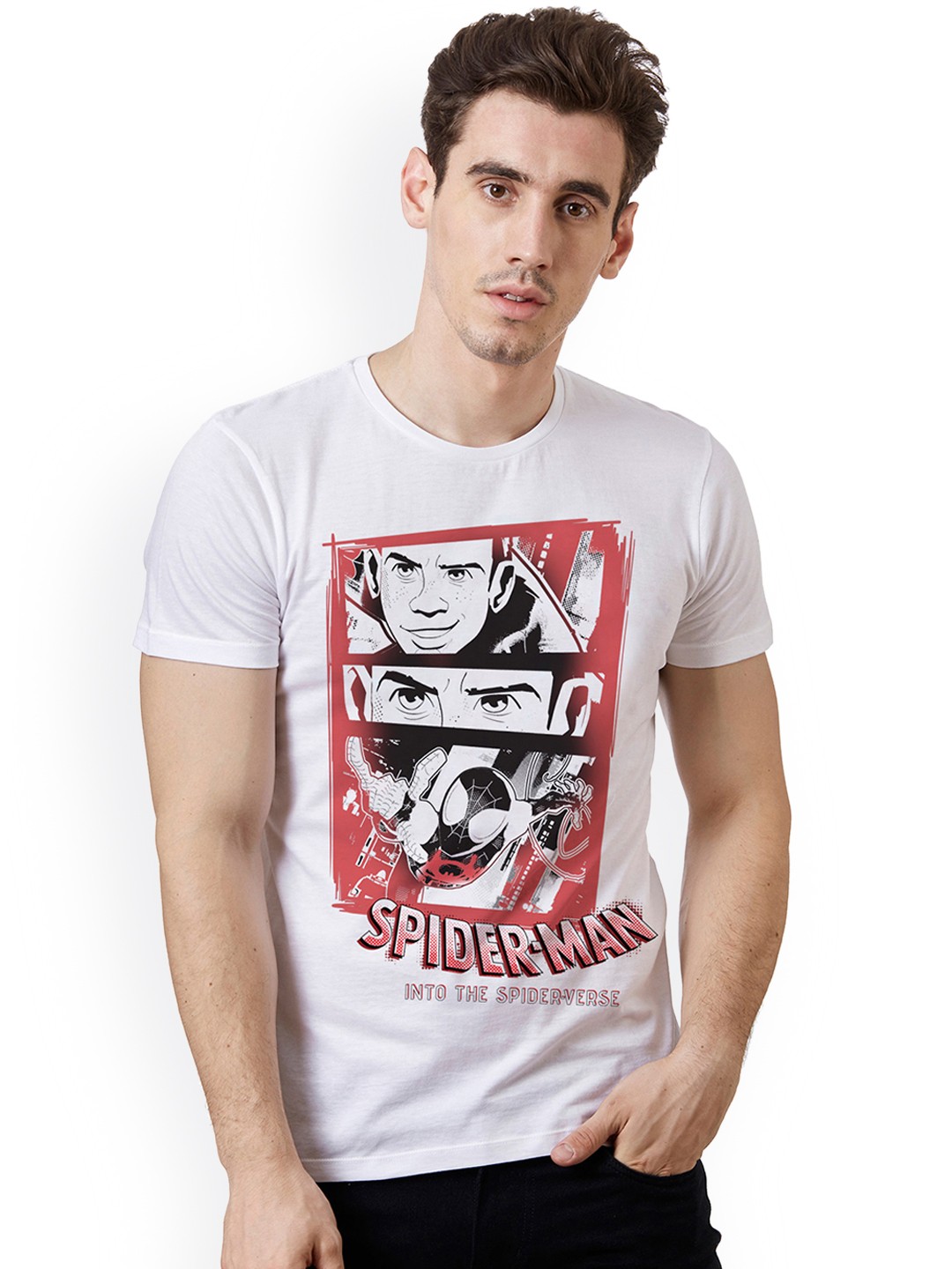 

Free Authority Men White Spiderman Printed Round Neck Pure Cotton T-shirt