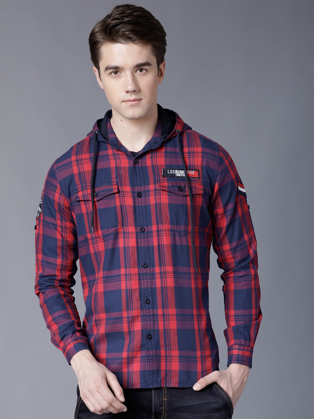 

LOCOMOTIVE Men Navy Blue & Red Slim Fit Checked Hooded Casual Shirt