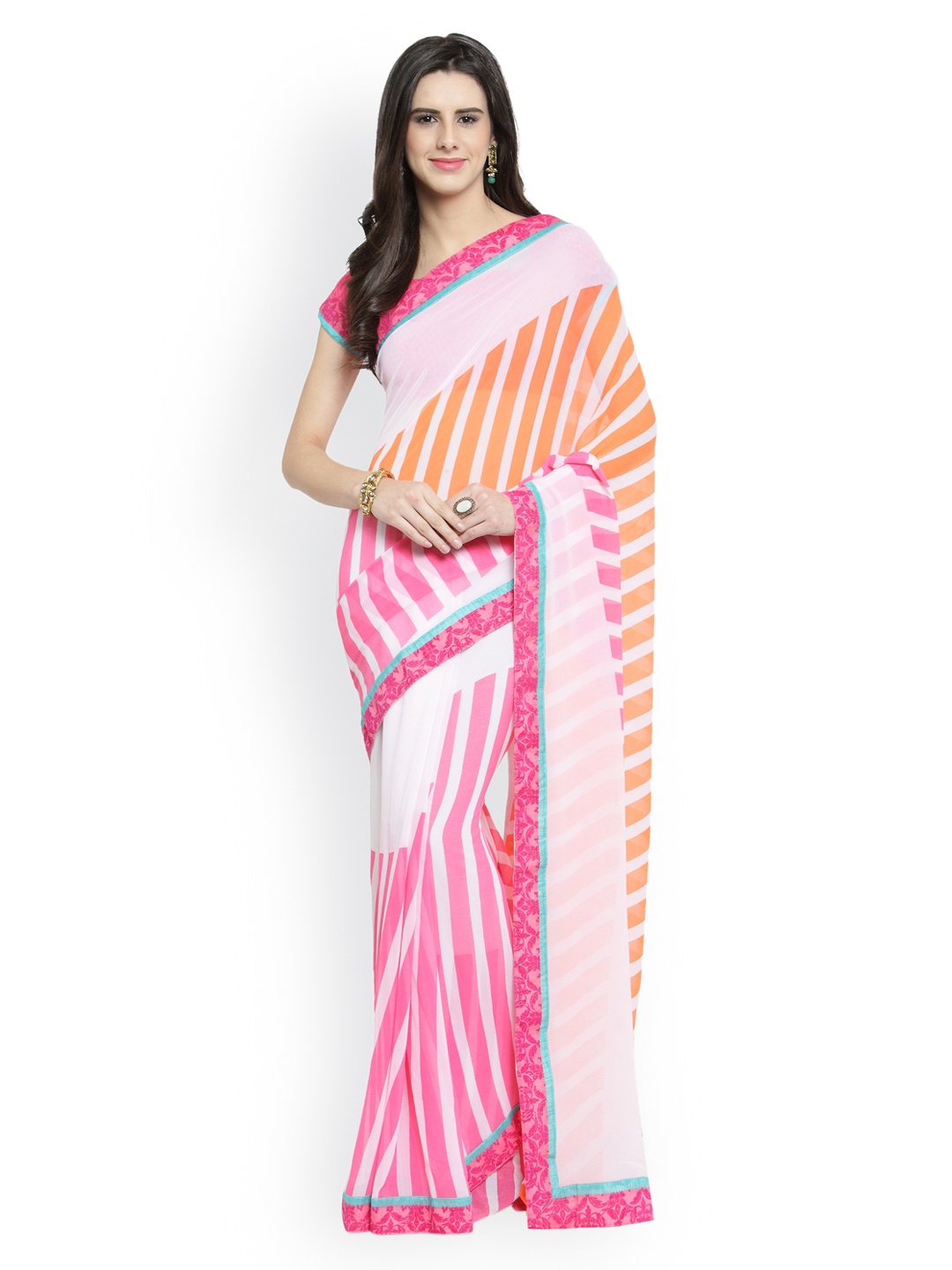 

Shaily Pink & Orange Pure Georgette Striped Saree