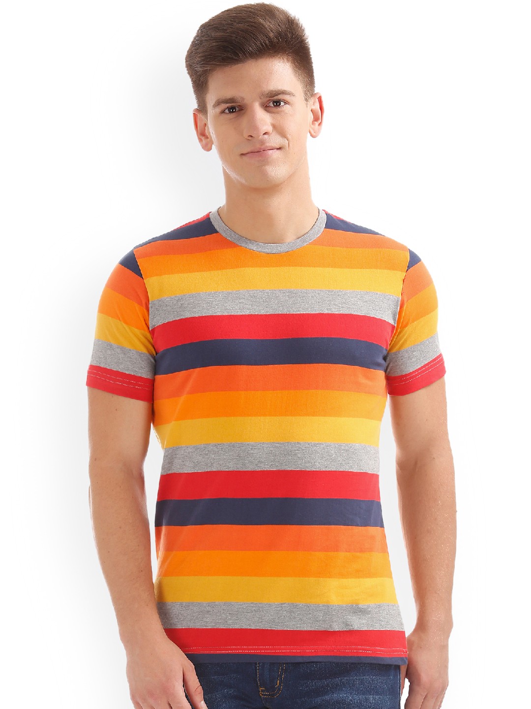 Colt Men Multicoloured Striped Round Neck Pure Cotton T-shirt, Multi