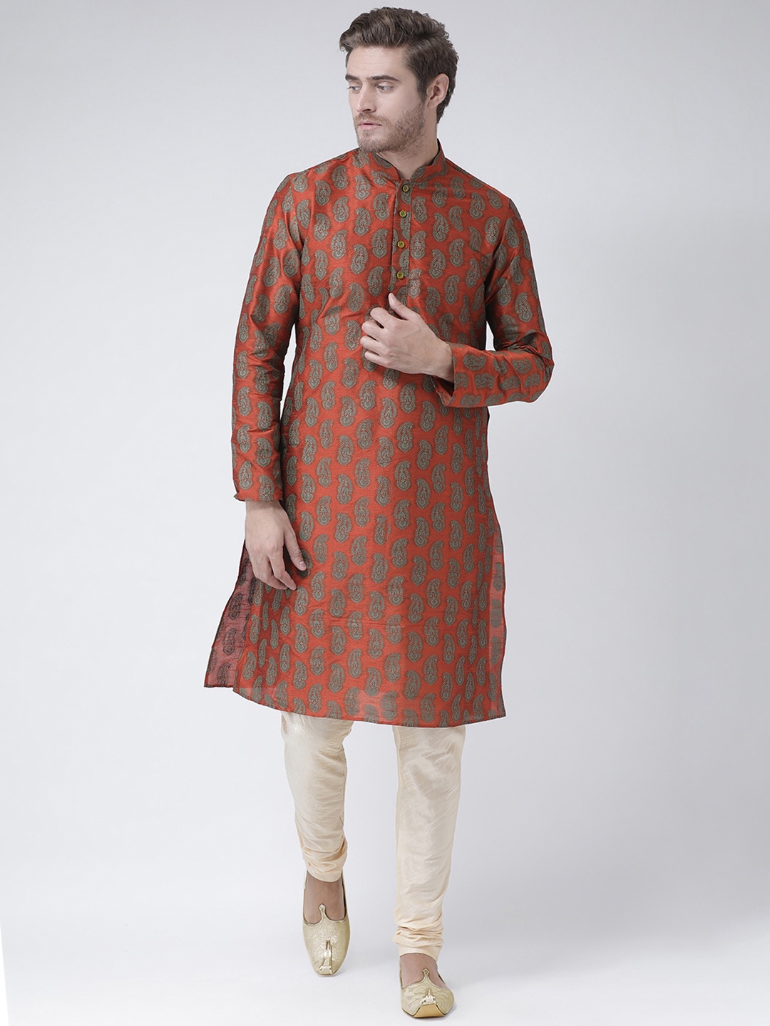 

DEYANN Men Orange & Cream-Coloured Printed Kurta with Churidar