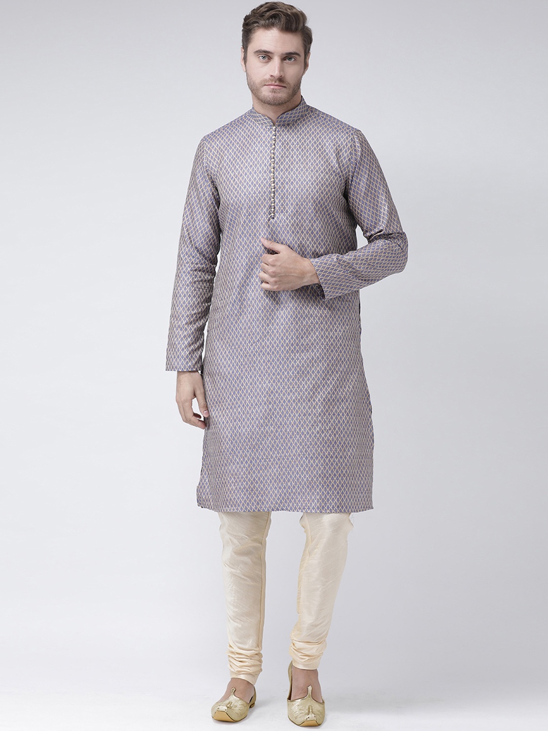 

DEYANN Men Navy Blue & Cream-Coloured Self Design Kurta with Churidar