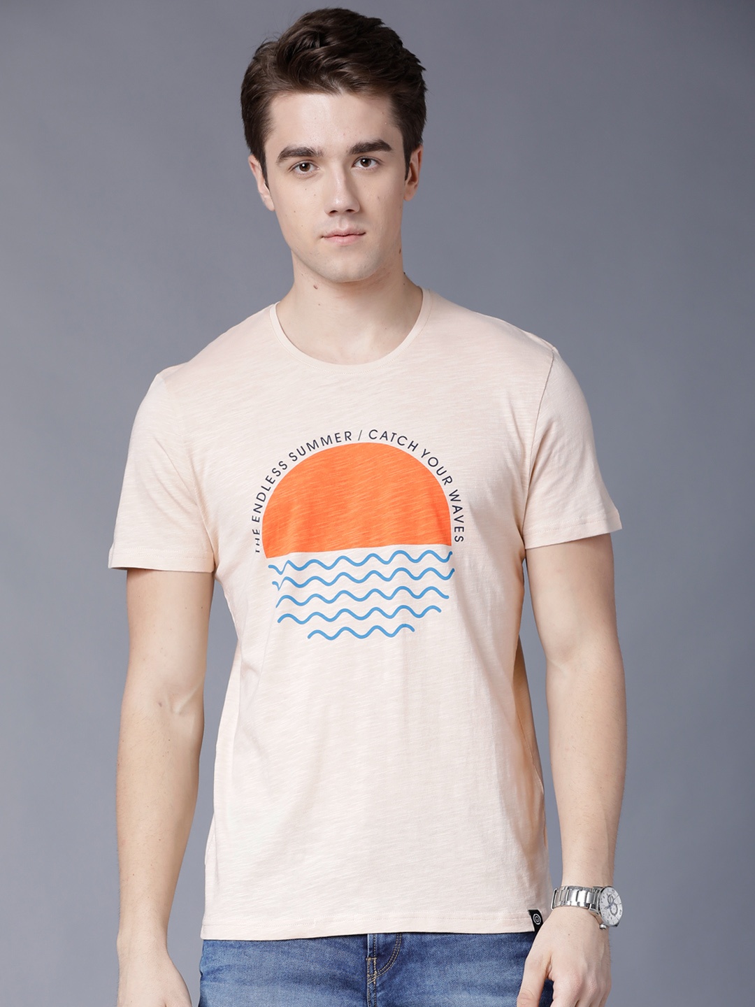 

LOCOMOTIVE Men Beige Printed Round Neck T-shirt