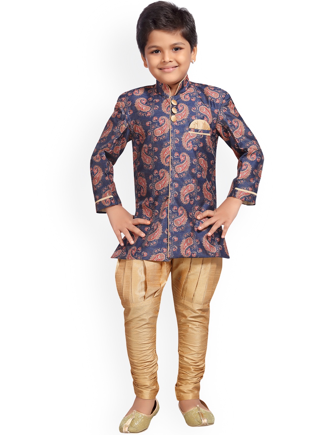 

Kidling Boys Navy Blue & Gold-Coloured Sherwani with Churidar