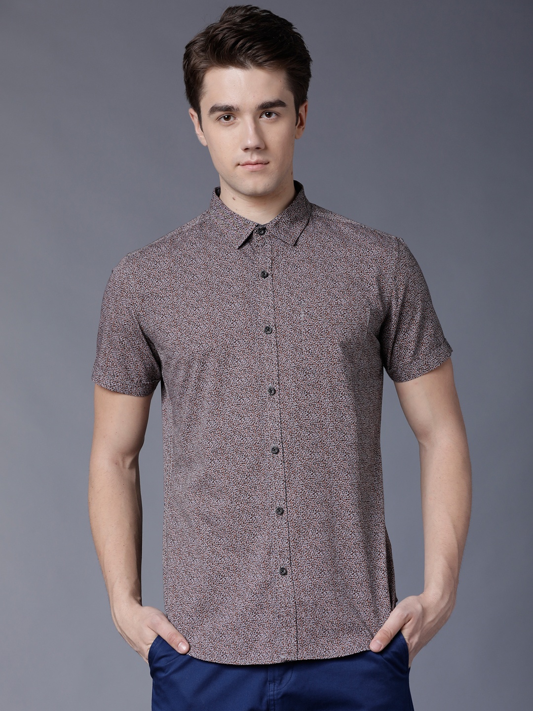 LOCOMOTIVE Men Rust Brown & Grey Slim Fit Printed Casual Shirt