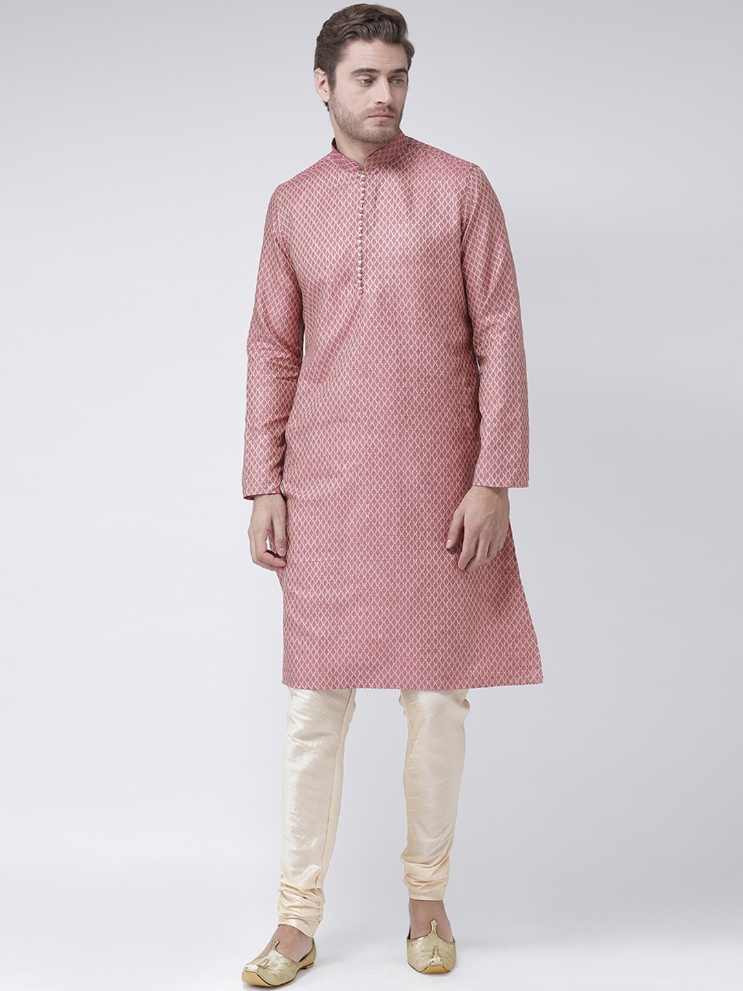 

DEYANN Men Pink & Cream-Coloured Self Design Kurta with Churidar