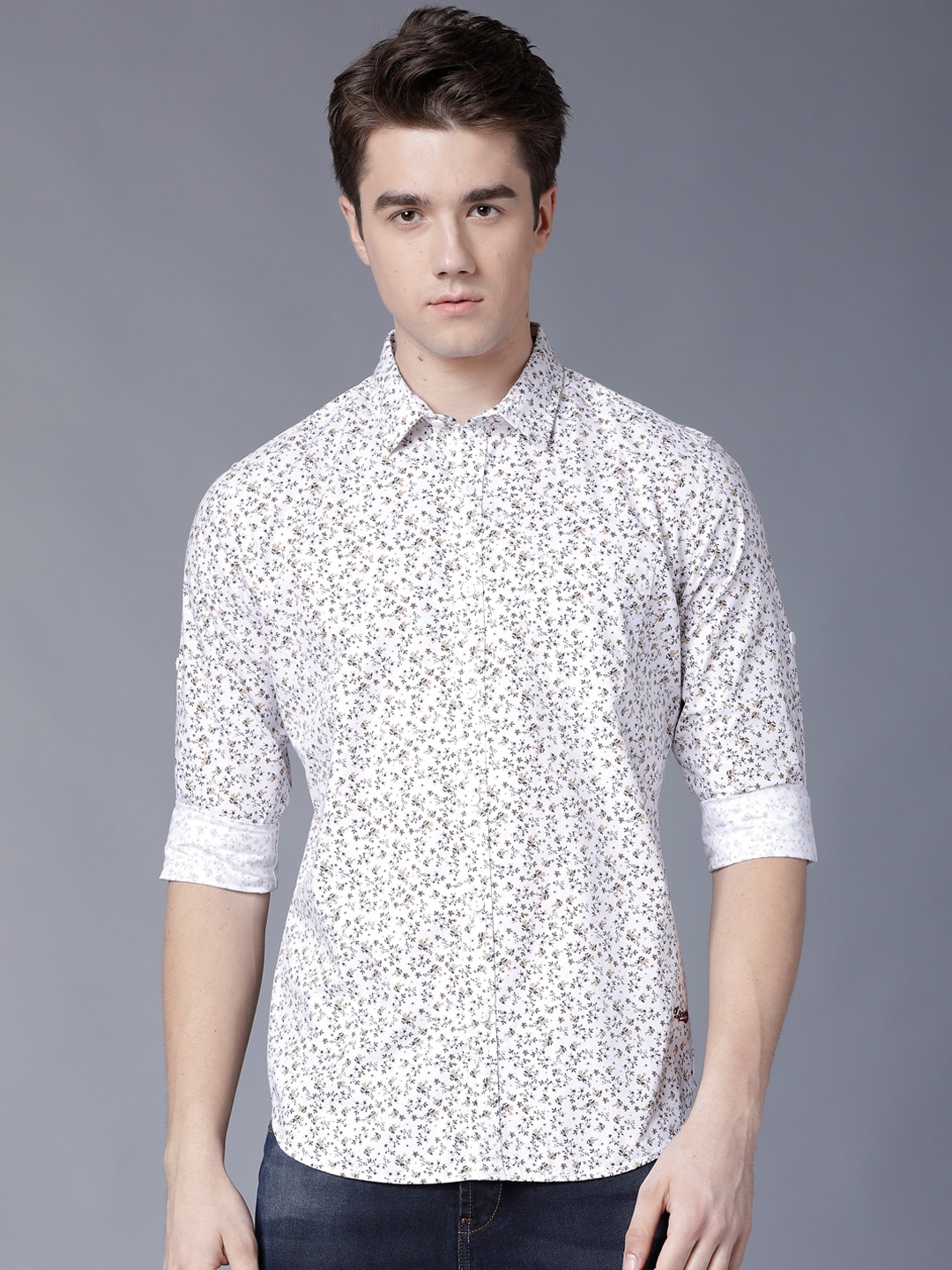 

LOCOMOTIVE Men White & Khaki Slim Fit Printed Casual Shirt