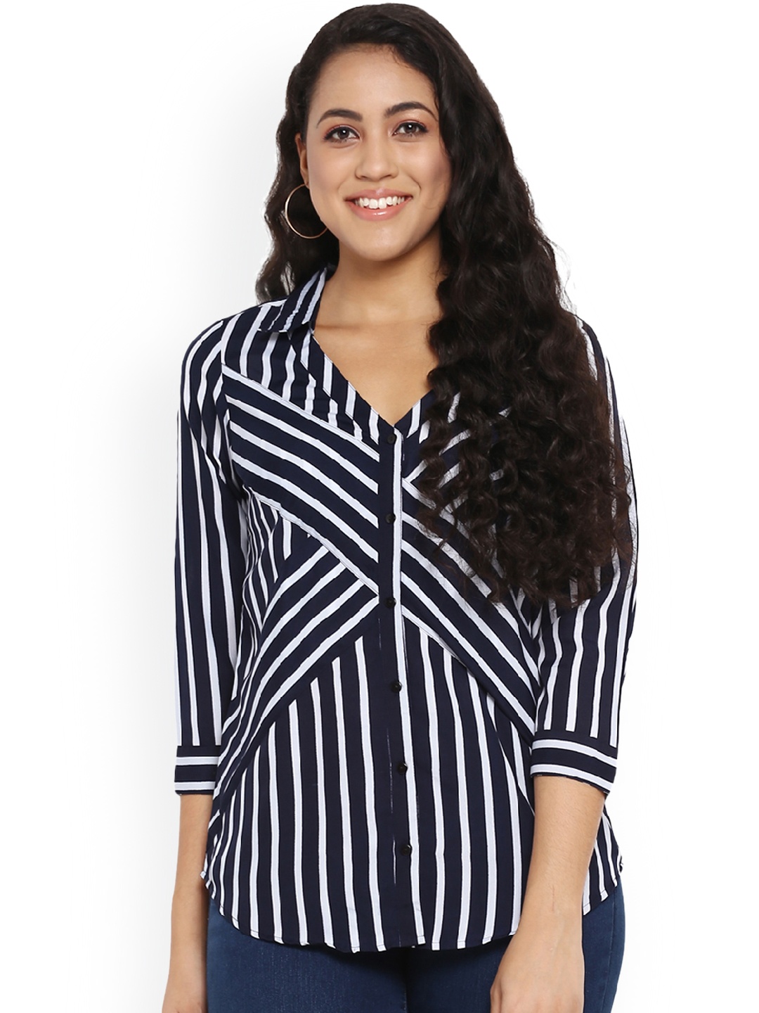 

Qurvii Plus Size Women Navy Blue Regular Fit Striped Casual Shirt