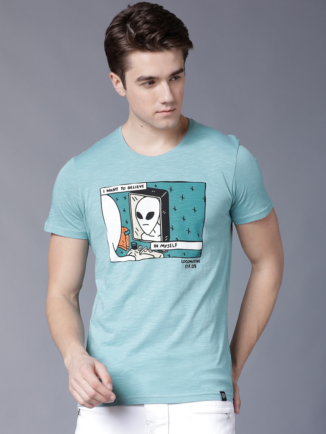 LOCOMOTIVE Men Blue Printed Round Neck T-shirt