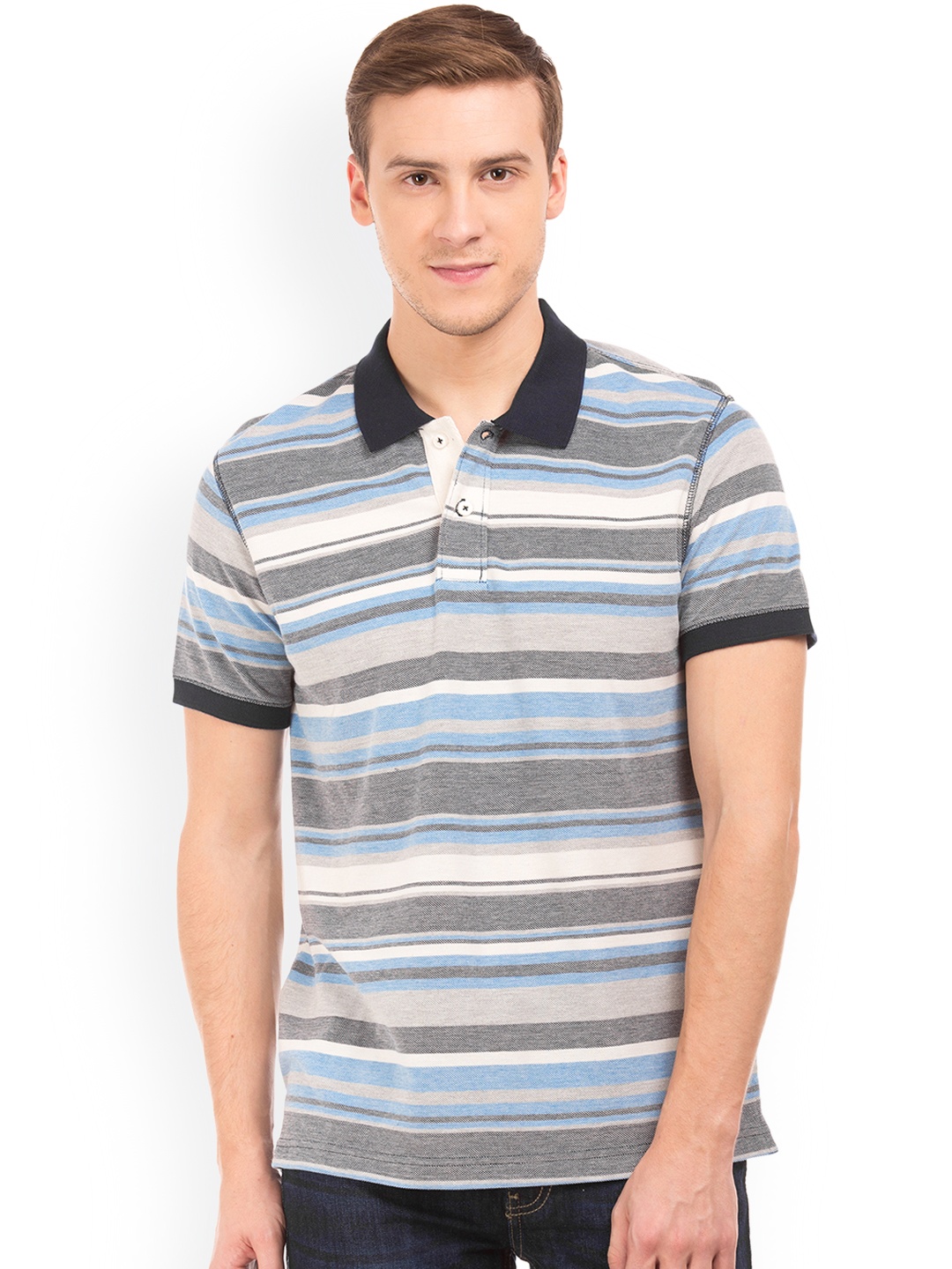 Ruggers Men Blue & Grey Striped Polo Collar T-shirt