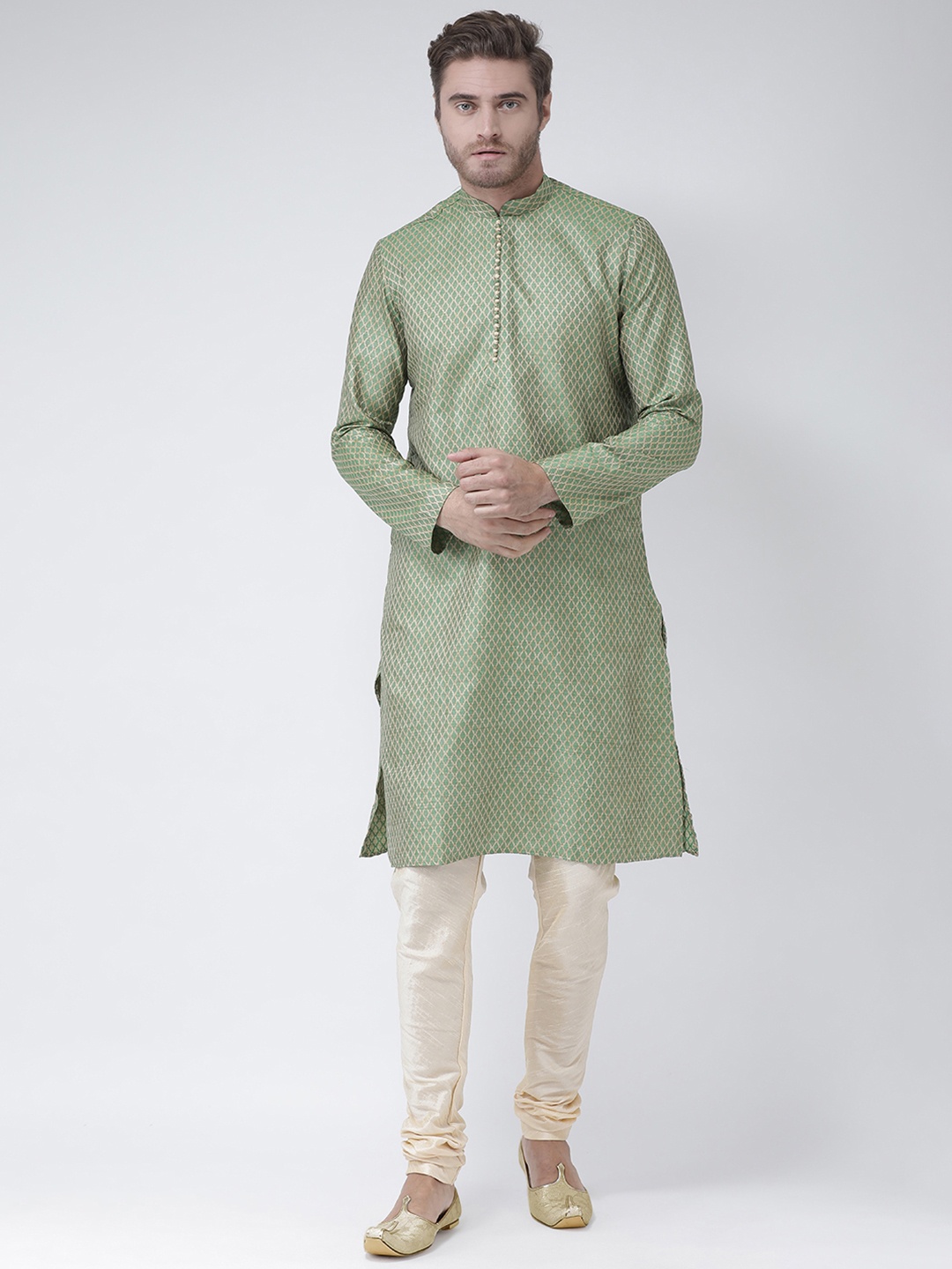 

DEYANN Men Green & Cream-Coloured Self Design Kurta with Pyjama