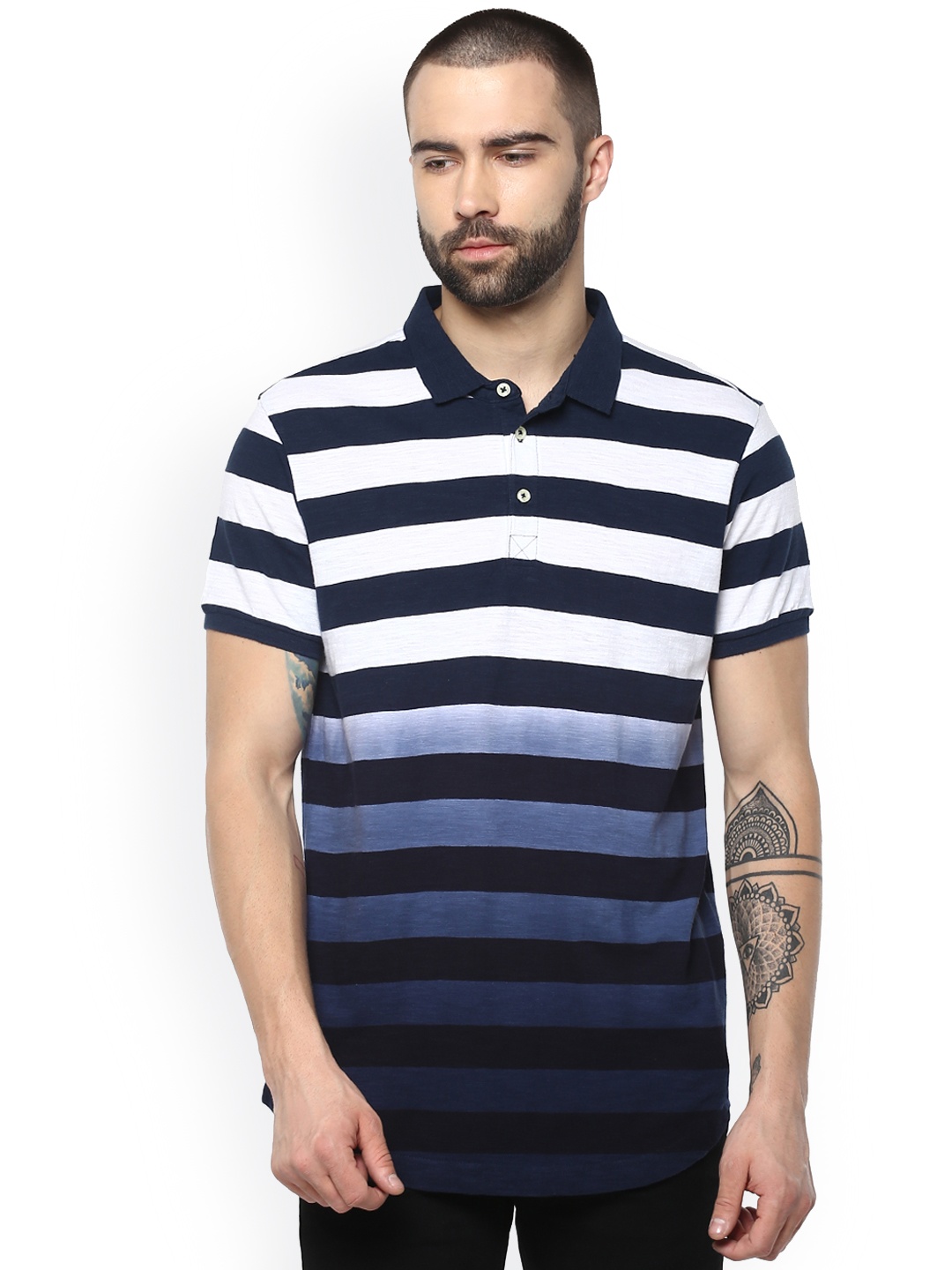 

SPYKAR Men Navy Blue & White Striped Slim Fit Polo Collar T-shirt