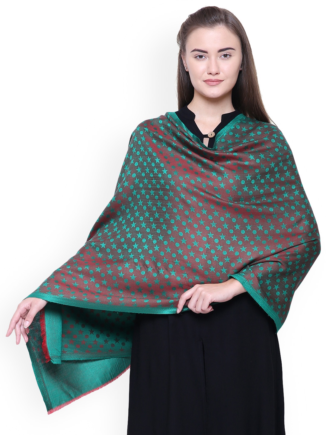Anekaant Women Green & Brown Woven Design Shawl