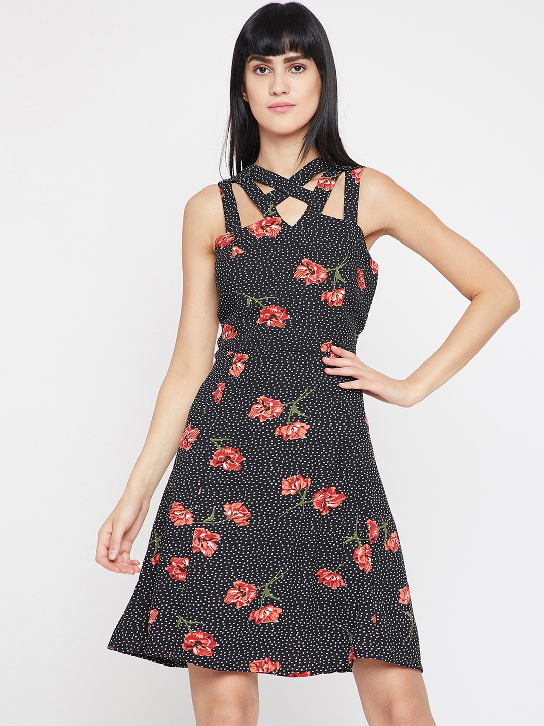 

RARE Women Black Floral Printed Fit and Flare Dress