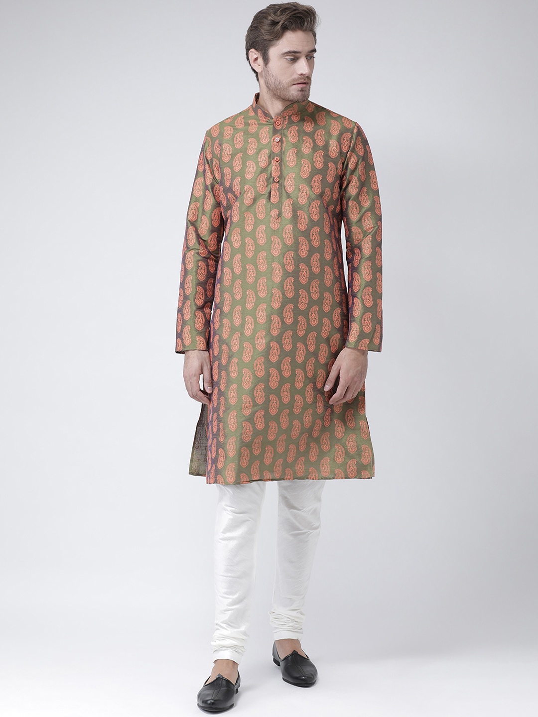 

DEYANN Men Green & Peach-Coloured Printed Straight Kurta