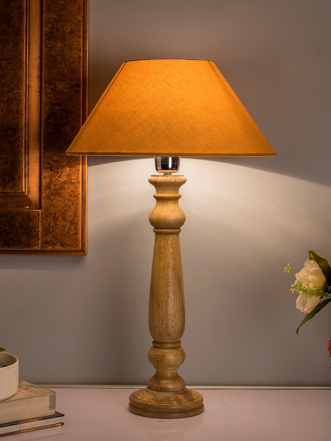 

Homesake Beige Solid Mabel Rustic Wood Handcrafted Table Lamp with Shade