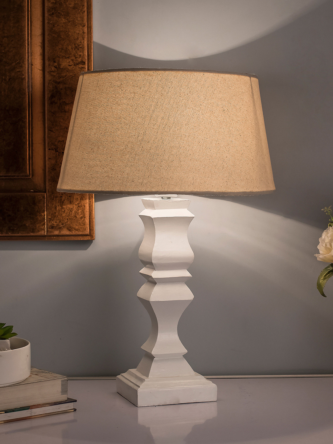 

Homesake Beige & White Solid Handcrafted Classic Cube Cut Table Lamp with Shade
