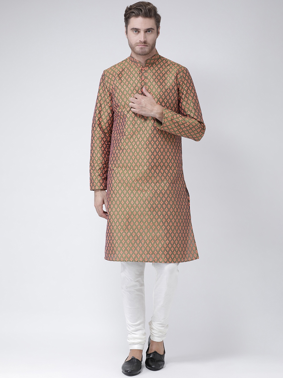 

DEYANN Men Green & Peach-Coloured Printed Straight Kurta