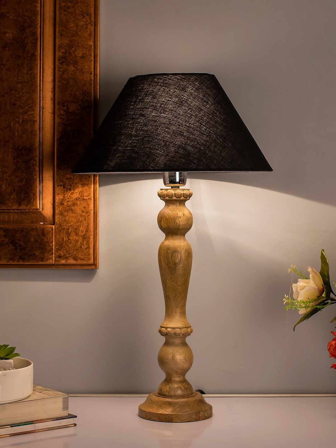 

Homesake Beige & Black Solid Handcrafted Bedside Standard Table Lamp