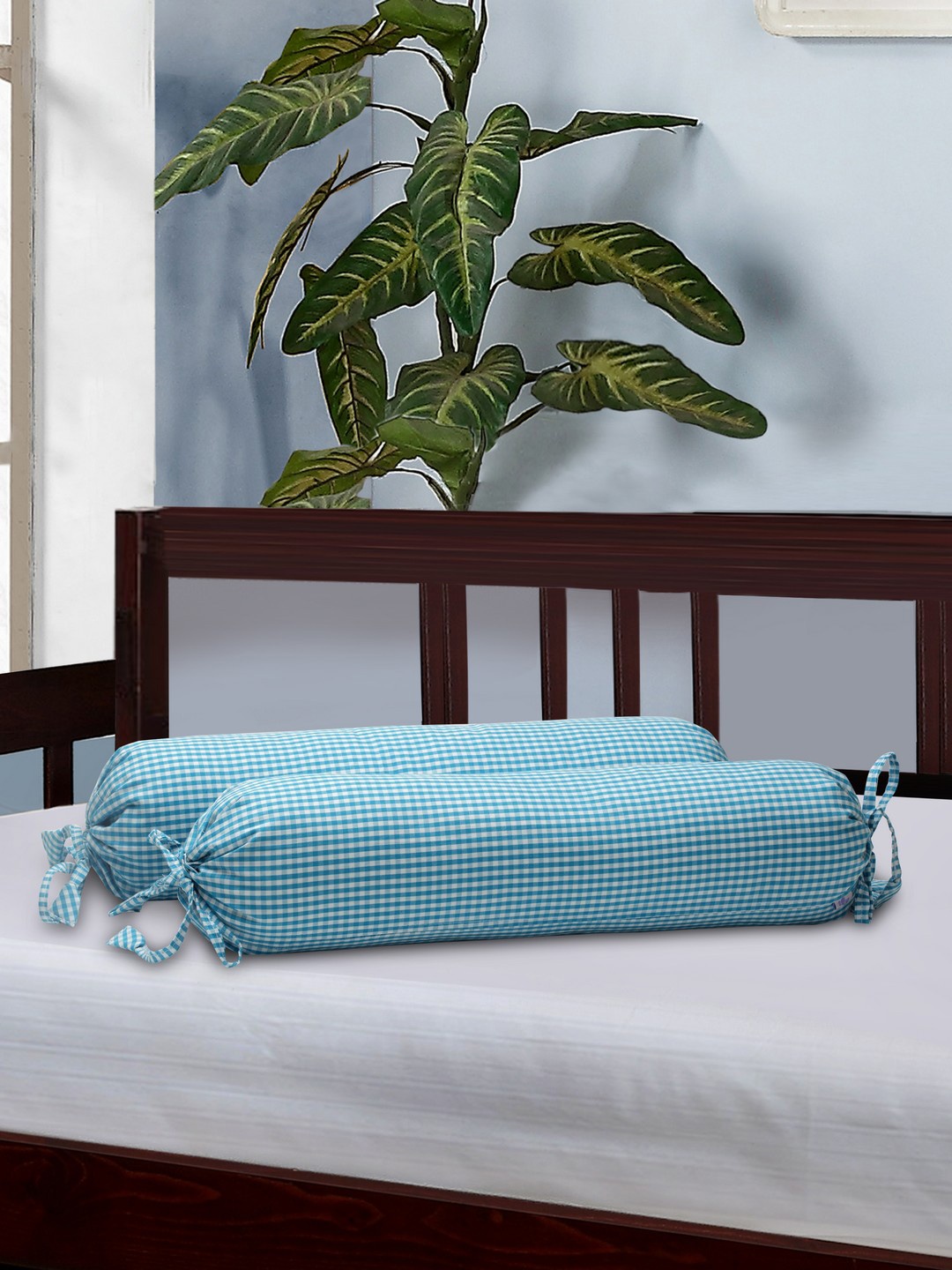 

THE BABY ATELIER Kids Blue Checked Set Of 2 Bolsters With Covers