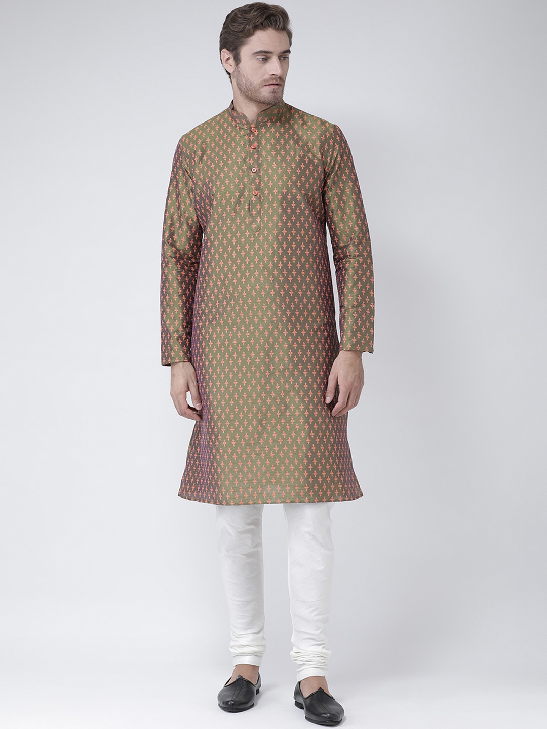 

DEYANN Men Green & Peach-Coloured Printed Straight Kurta