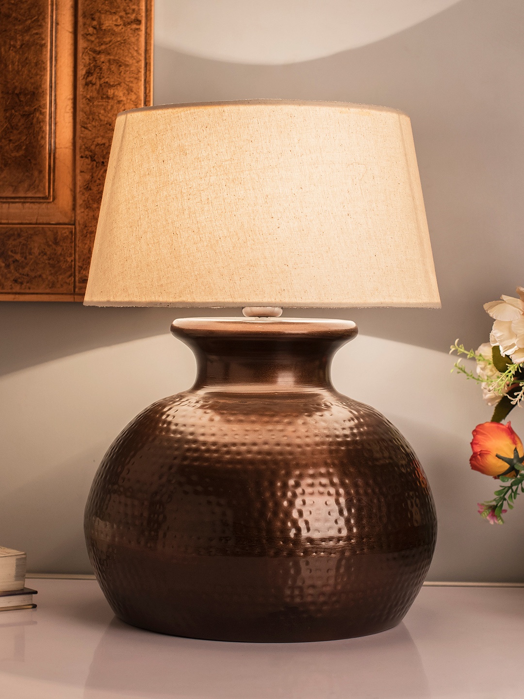 

Homesake Copper-Toned & Off-White Textured Bedside Standard Table Lamp with Shade