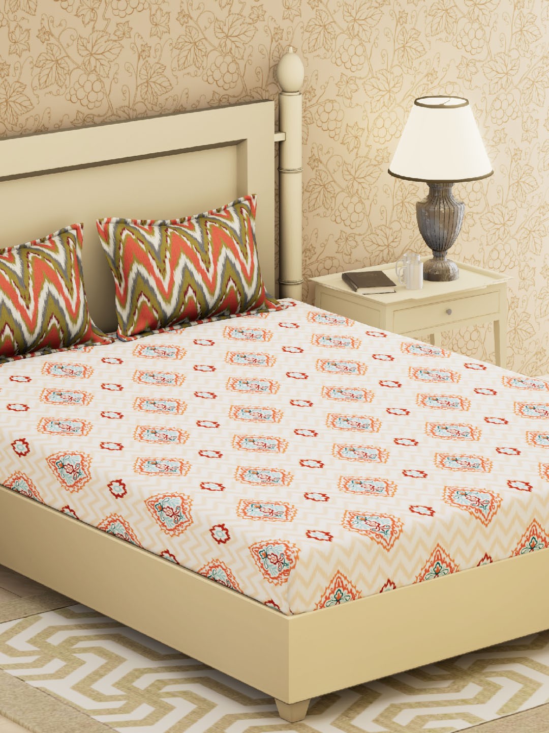 

Boutique Living India Cream-Coloured & Orange Ethnic Motifs Flat 210 TC Cotton 1 King Bedsheet with 2 Pillow Covers