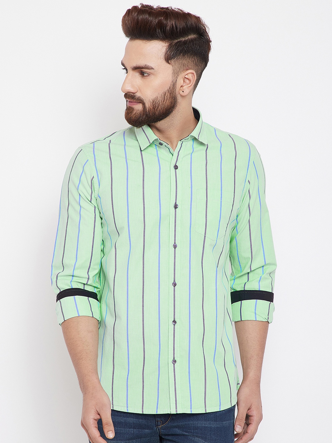 

Canary London Men Green & Blue Slim Fit Striped Casual Shirt