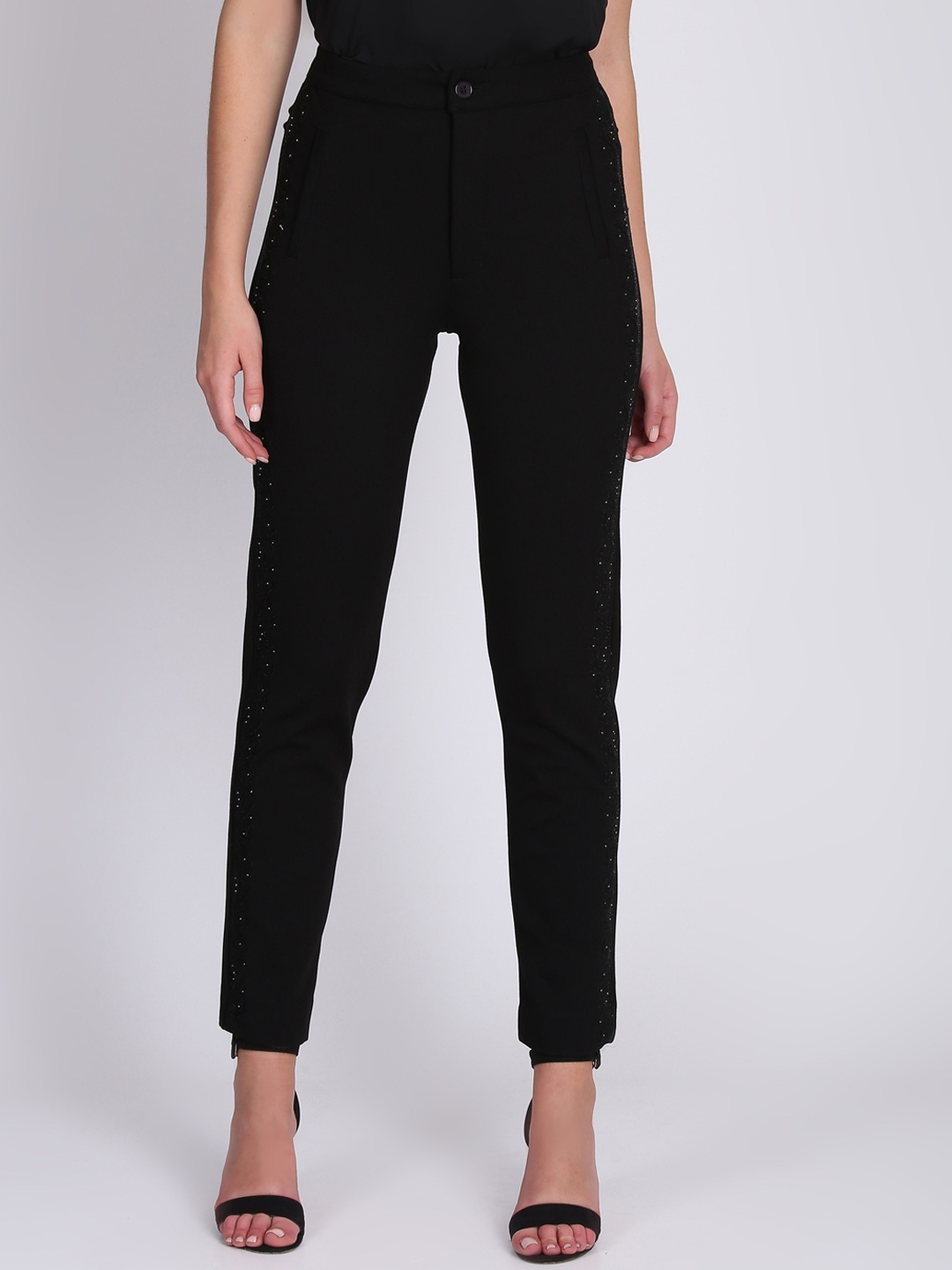 

NIZA Women Black Regular Fit Solid Regular Trousers