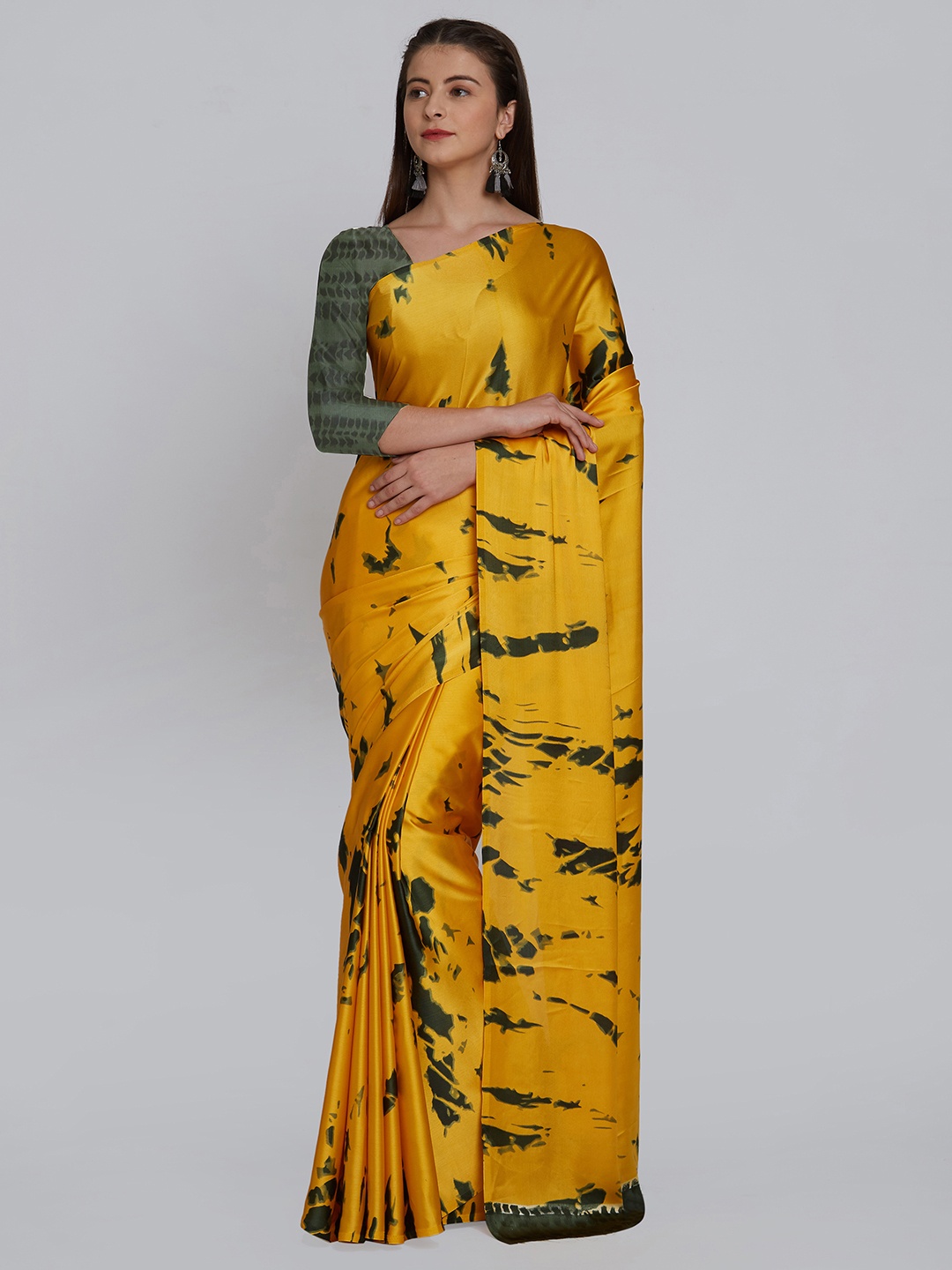 

Rajesh Silk Mills Mustard Yellow & Grey Pure Crepe Printed Saree