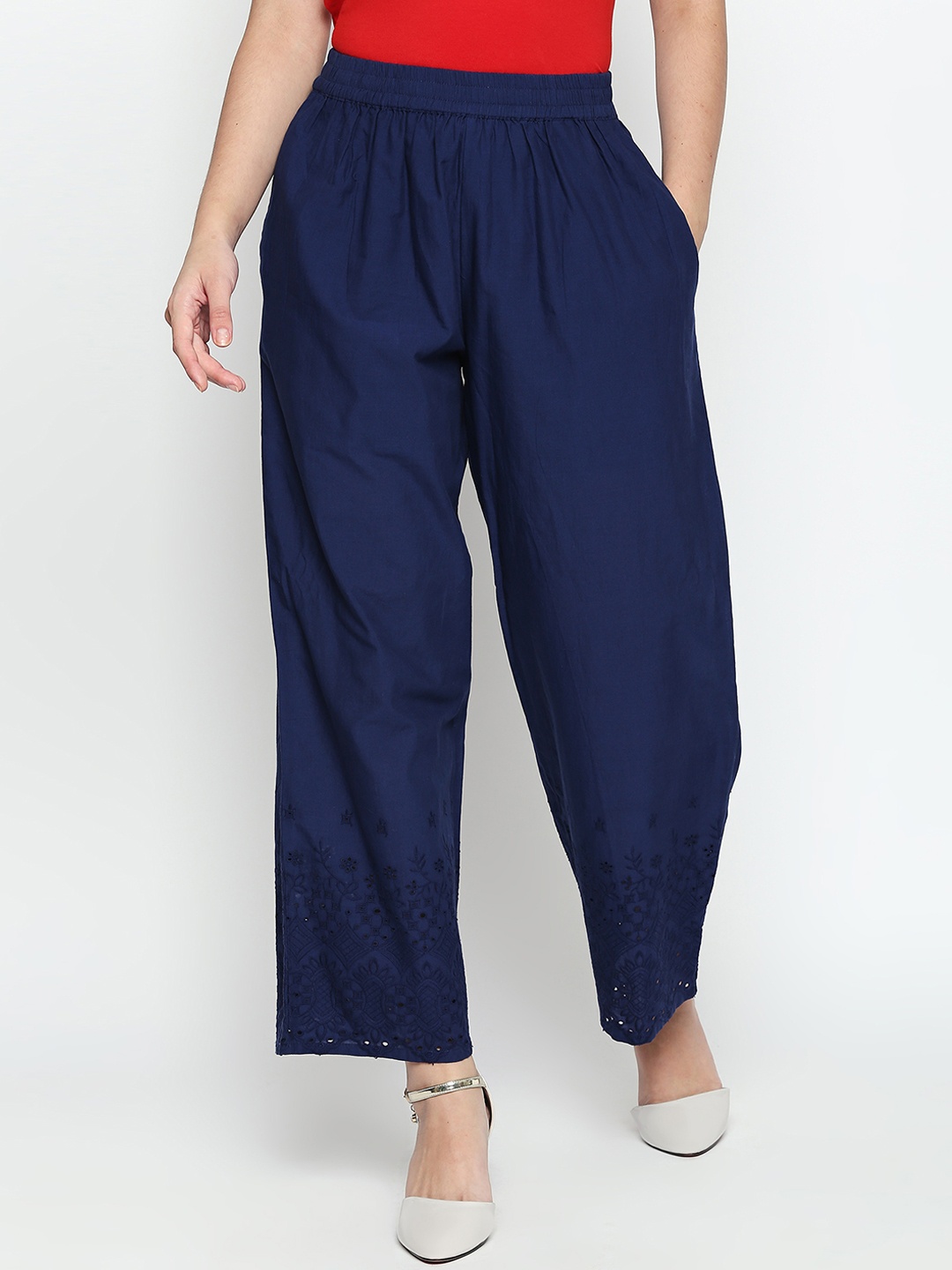 RANGMANCH BY PANTALOONS Women Blue Wide Leg Embroidered Palazzos