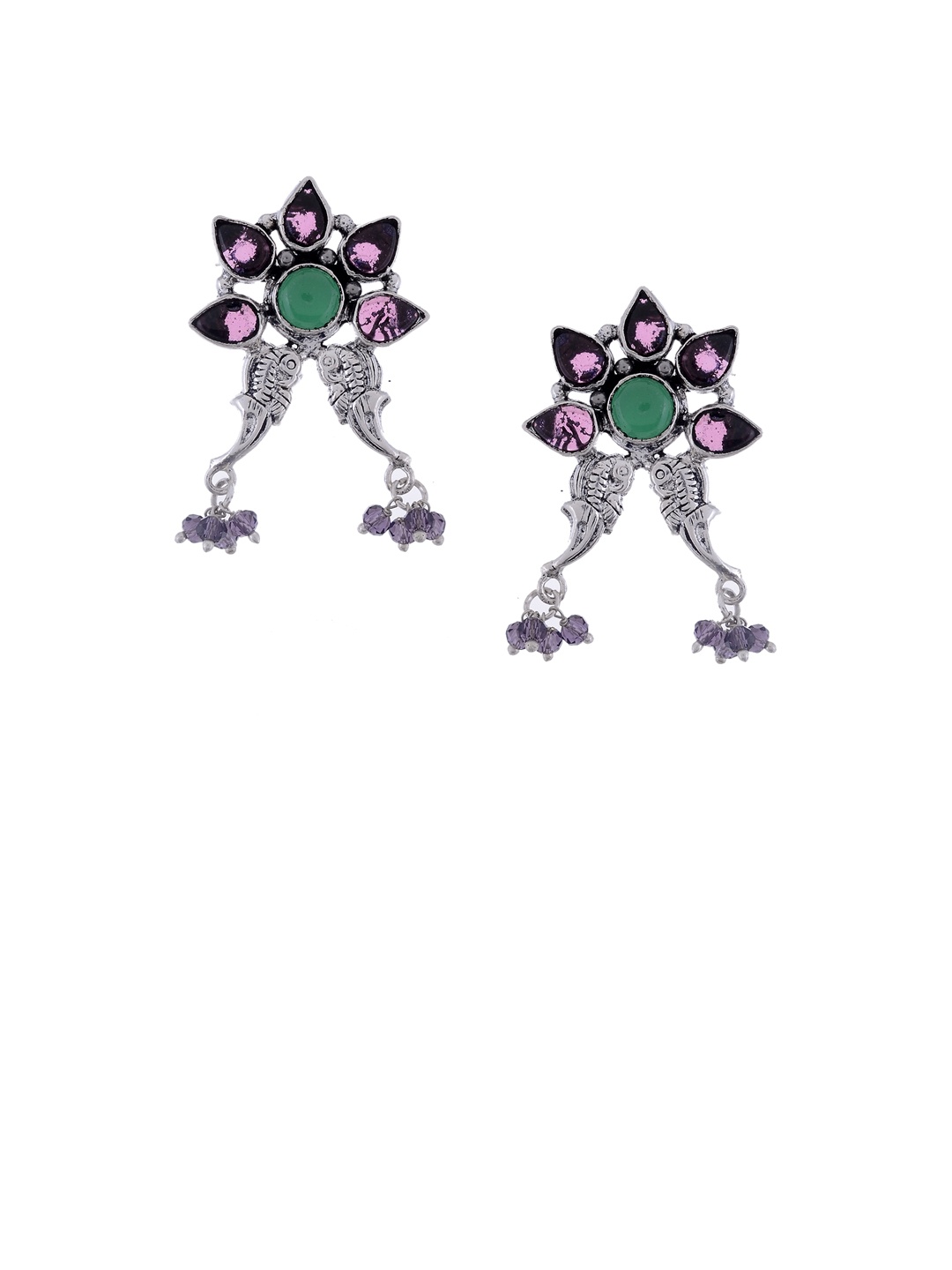 

Silvermerc Designs Silver-Plated & Green Floral Shaped Drop Earrings