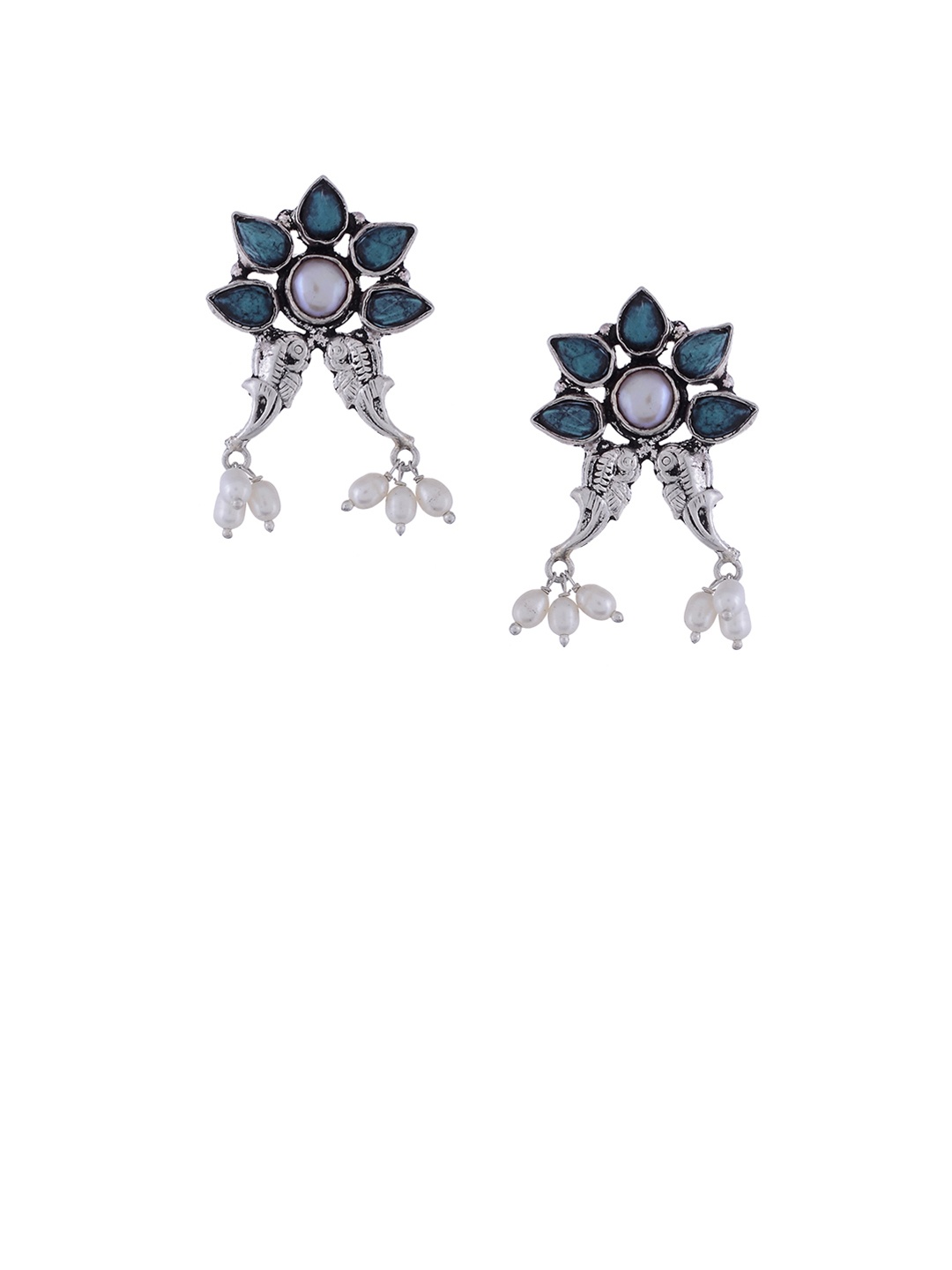 Silvermerc Designs Women Silver-Toned Peacock Shaped Drop Earrings