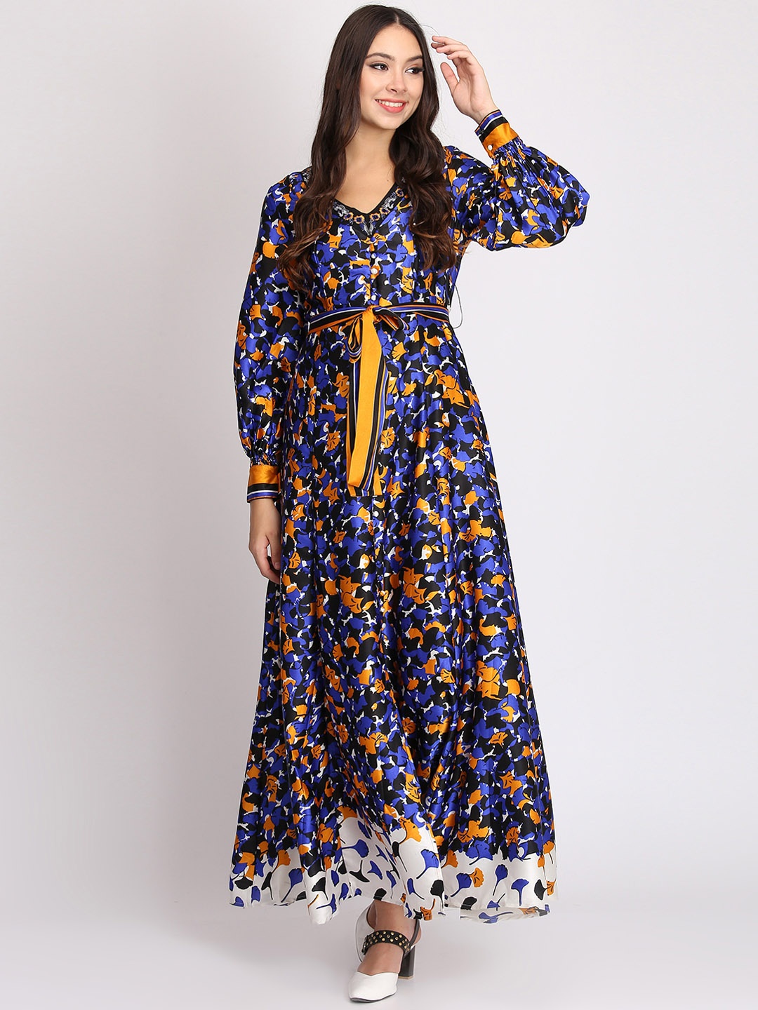 

NIZA Women Blue Printed Maxi Dress