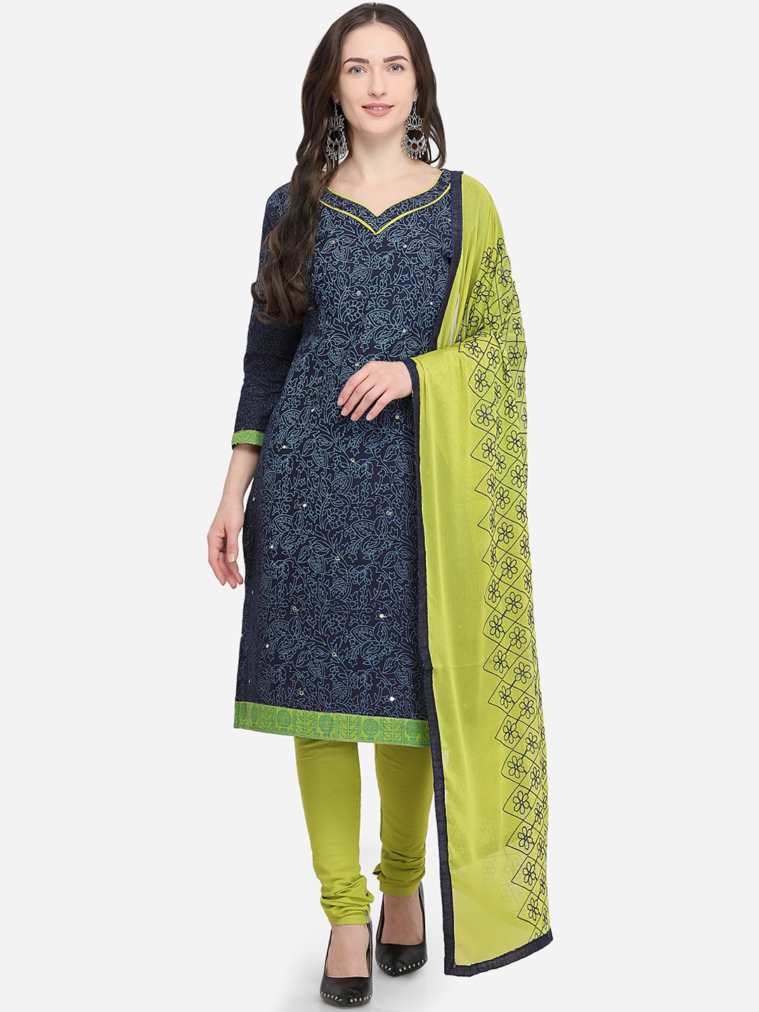 

mf Blue & Lime Green Pure Cotton Unstitched Dress Material