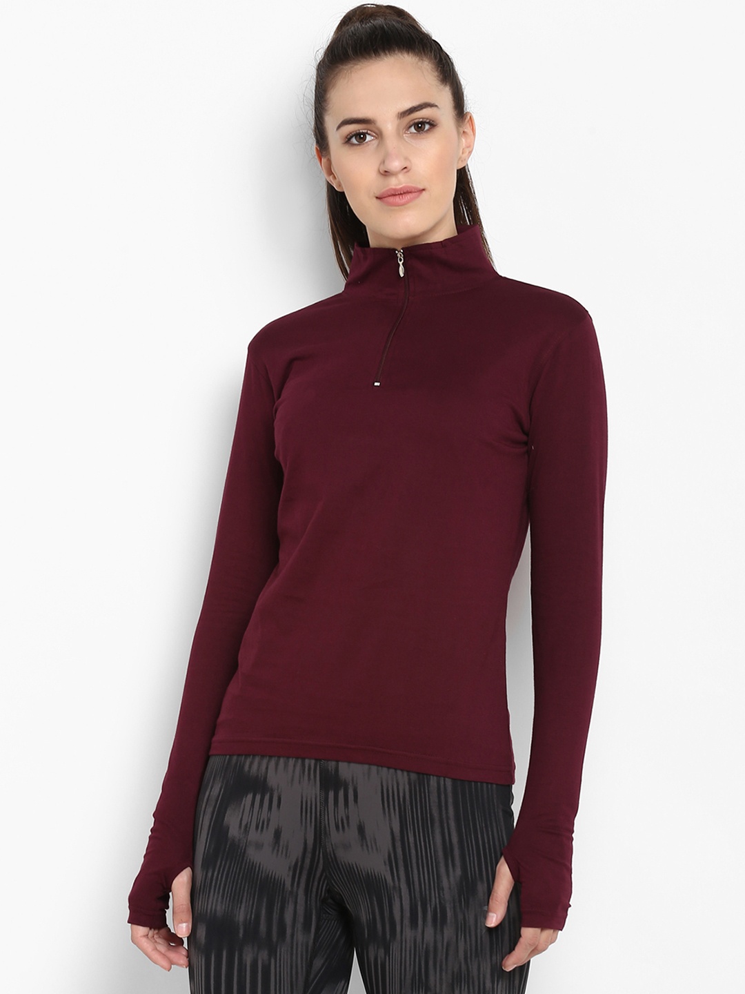 

appulse Women Maroon Solid High Neck T-shirt