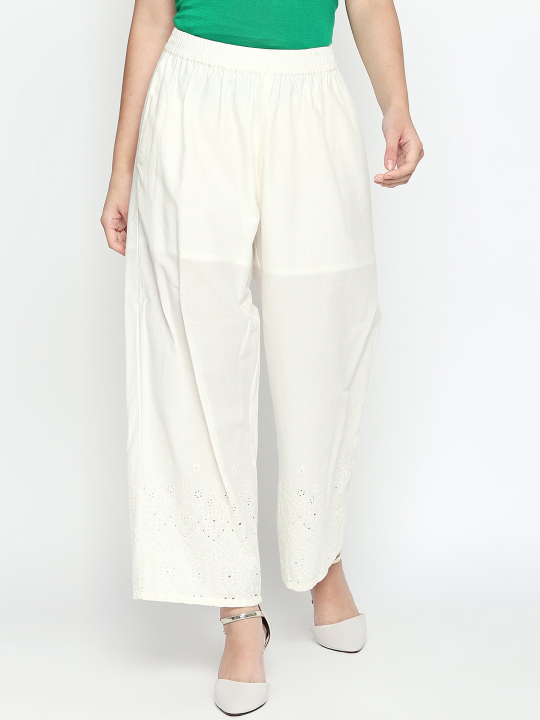 

RANGMANCH BY PANTALOONS Women Off-White Wide Leg Embroidered Palazzos