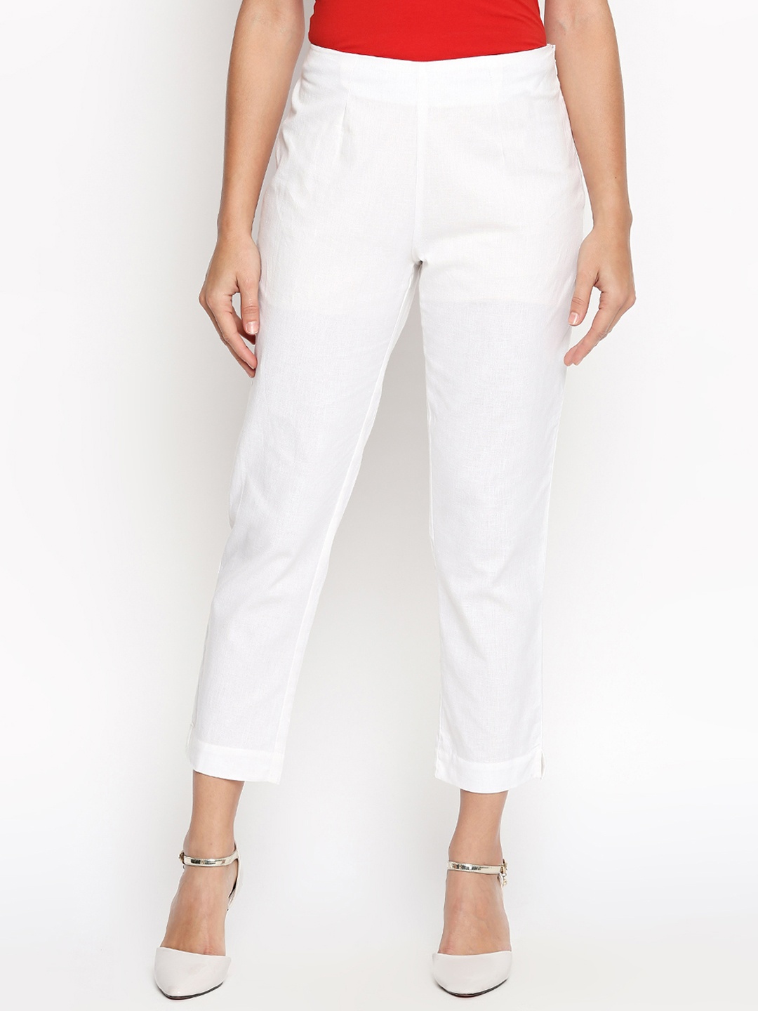 

RANGMANCH BY PANTALOONS Women White Regular Fit Solid Peg Trousers
