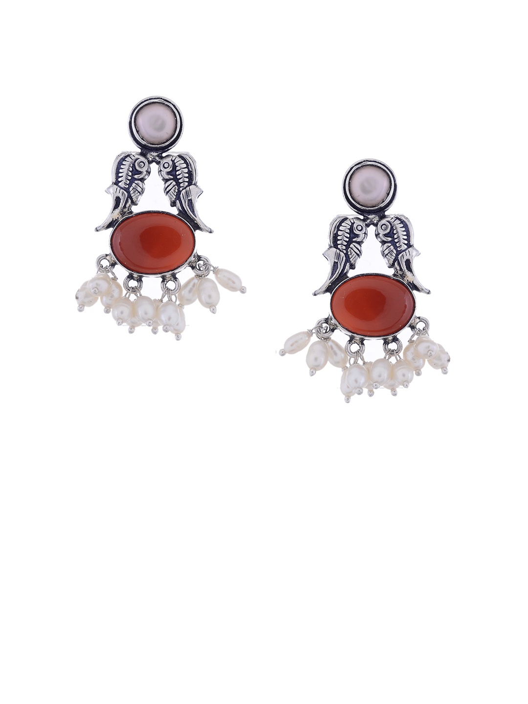 

Silvermerc Designs Silver-Plated & White Oxidised Peacock Shaped Drop Earrings