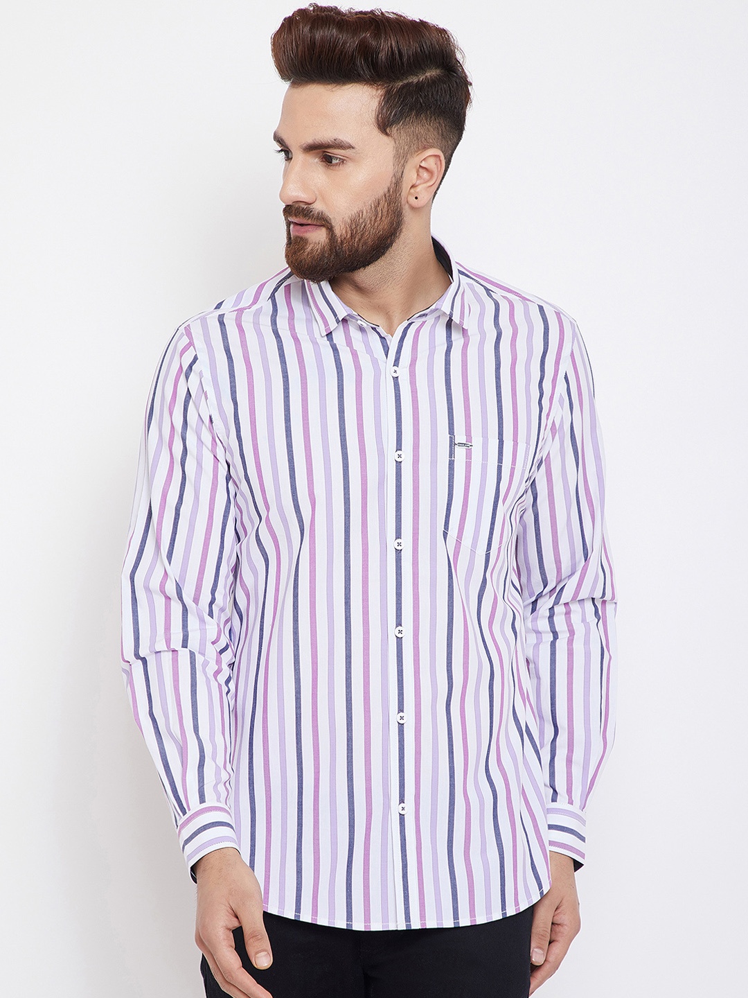 

Canary London Men White & Purple Slim Fit Striped Casual Shirt