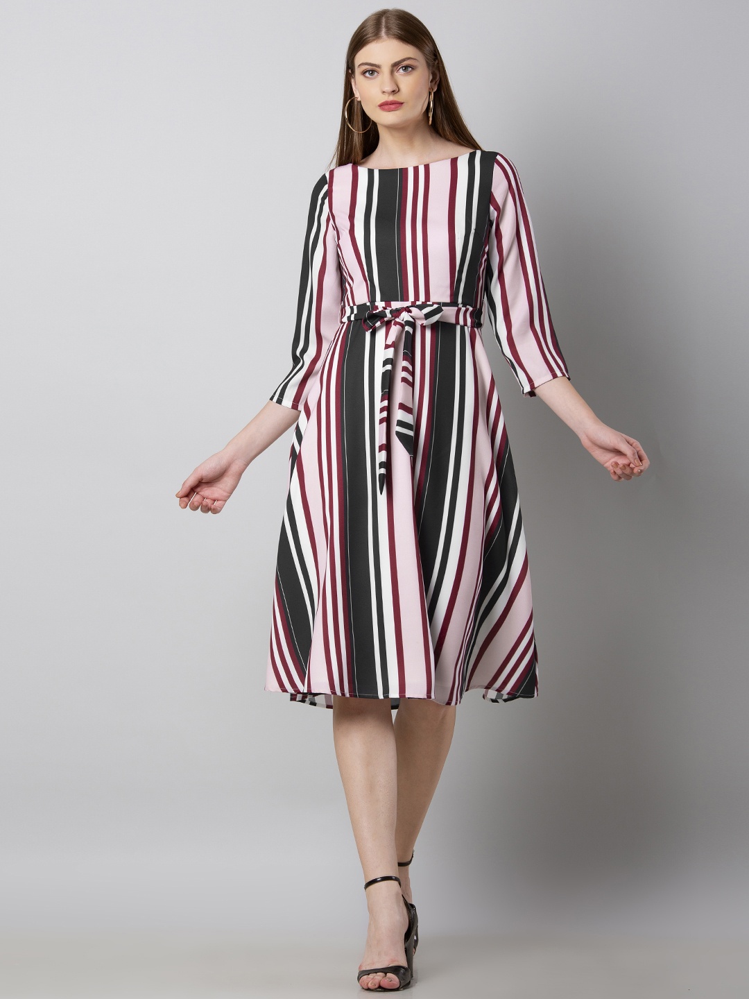 

FabAlley Women Maroon & Black Striped Fit and Flare Dress