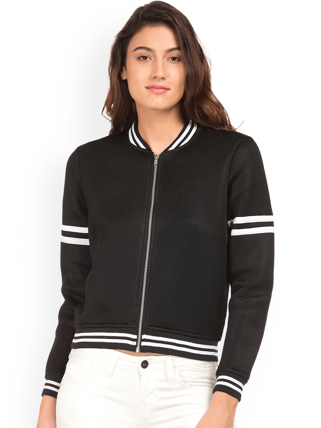 

Flying Machine Women Black Self Design Bomber